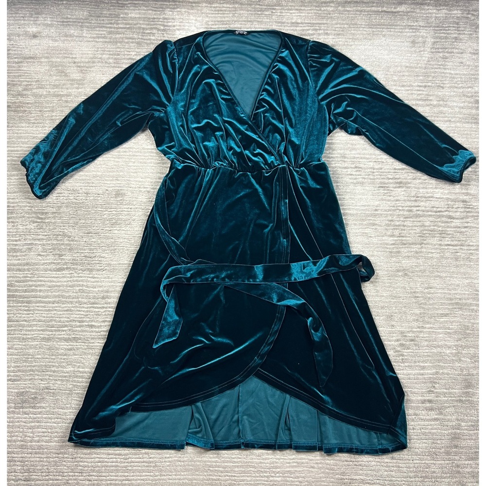 BloomChic Dress Womens 22-24 Teal Velvet Wrap High-Low Long Sleeve Surplice Luxe